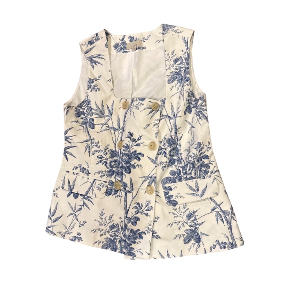 LOFT Blue Woman's S White Floral Toile Linen Blend Double Breasted Coastal Vest